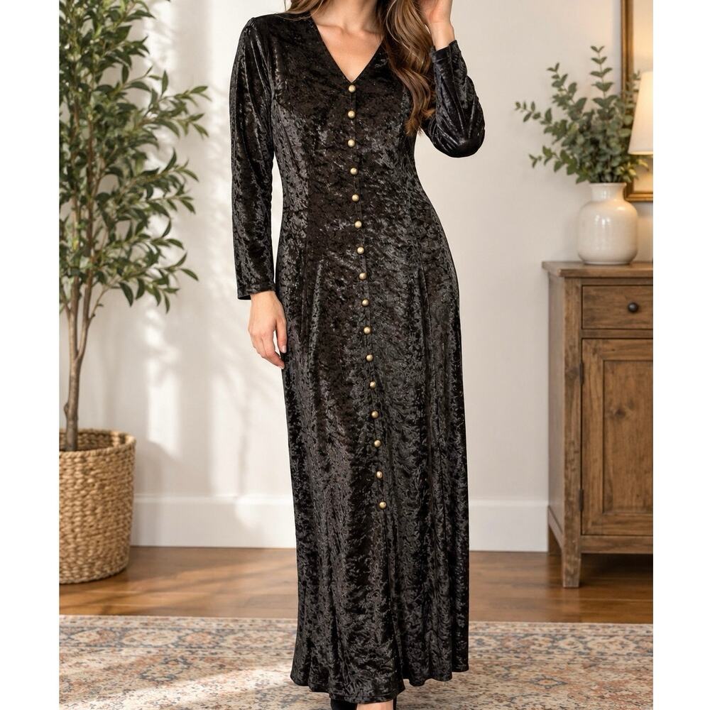 Bentley Black Crushed Velvet Corset Back Vintage Gothic Whimsigoth Maxi Dress 12